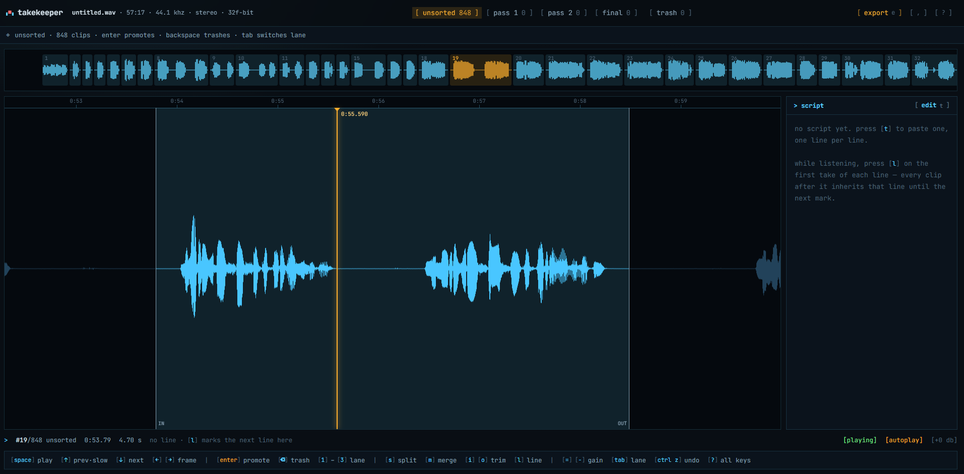 takekeeper editor: a strip of 848 detected takes along the top, the current take's waveform with the amber playhead, the script panel, and a toolbar with every key